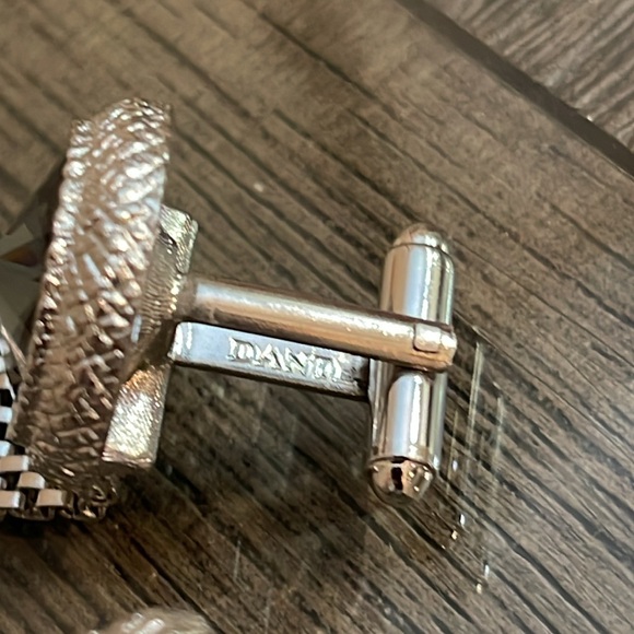 Vintage Silver-tone DANTE Bold Frame Blue Rivoli Glass Stone Mesh Wrap Cufflinks - Picture 6 of 16